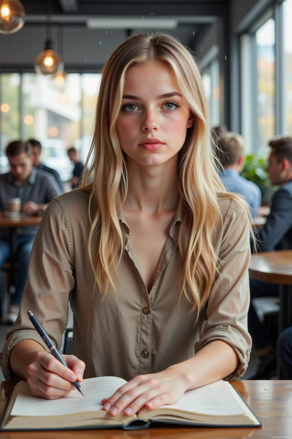 A woman with long blonde hair sits at a table in a café, holding a pen and looking at an open book.