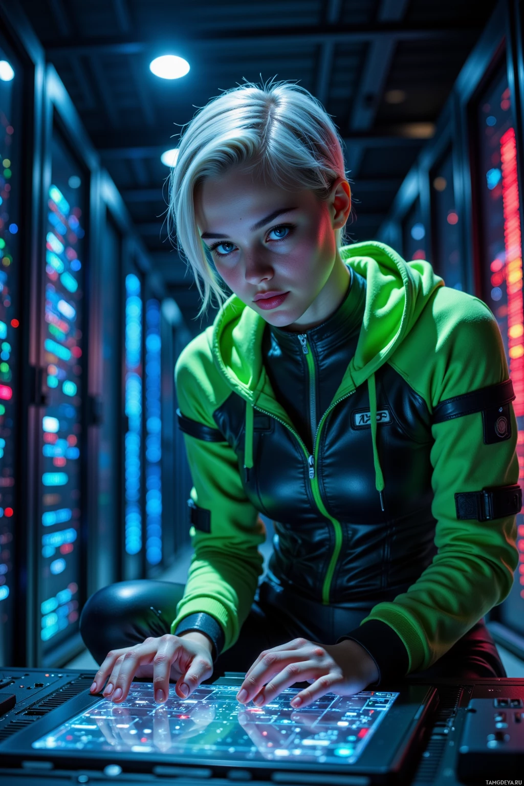 A person in a green and black hoodie works on a futuristic computer interface in a dimly lit room.