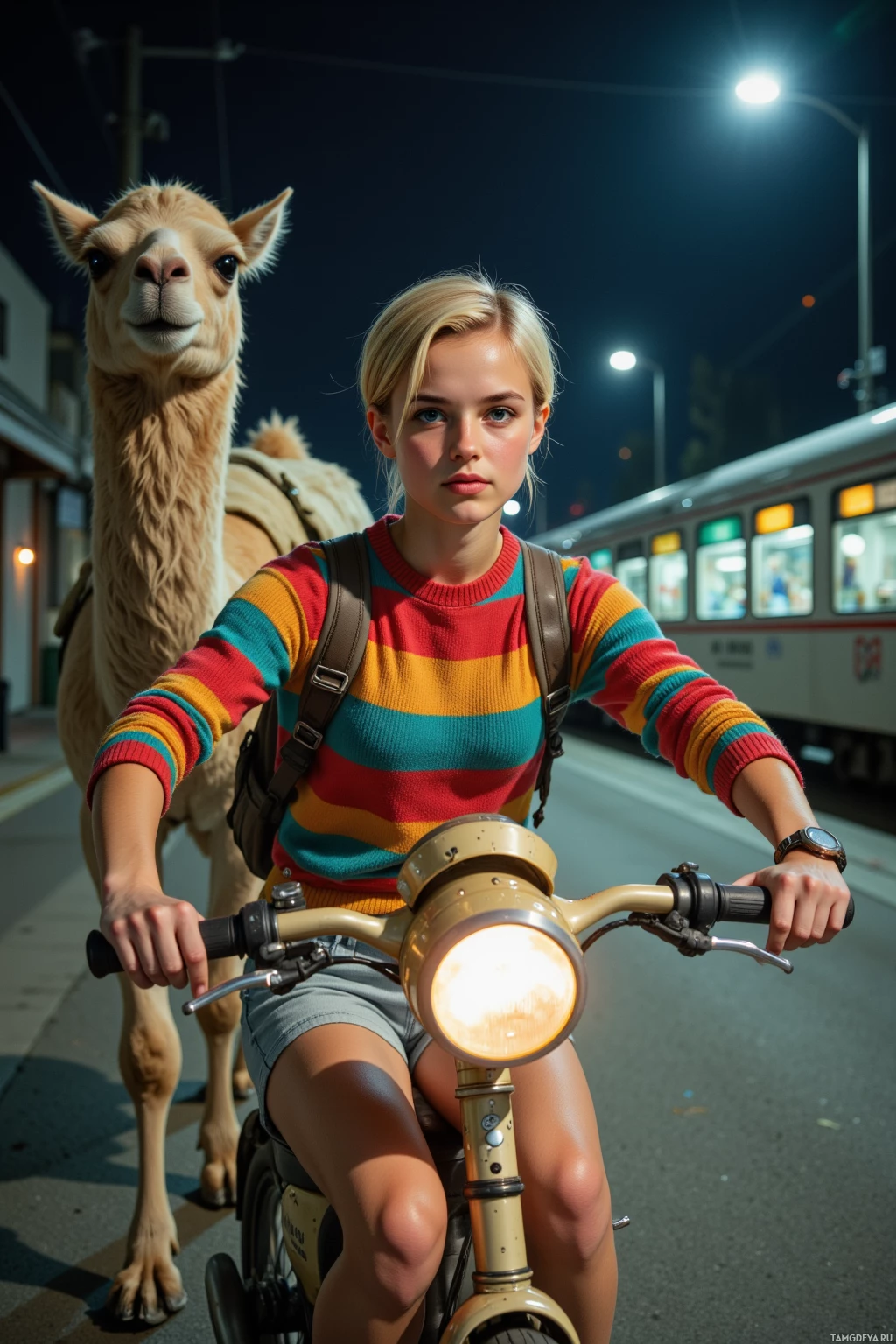 A person rides a bicycle at night with a camel following closely behind.