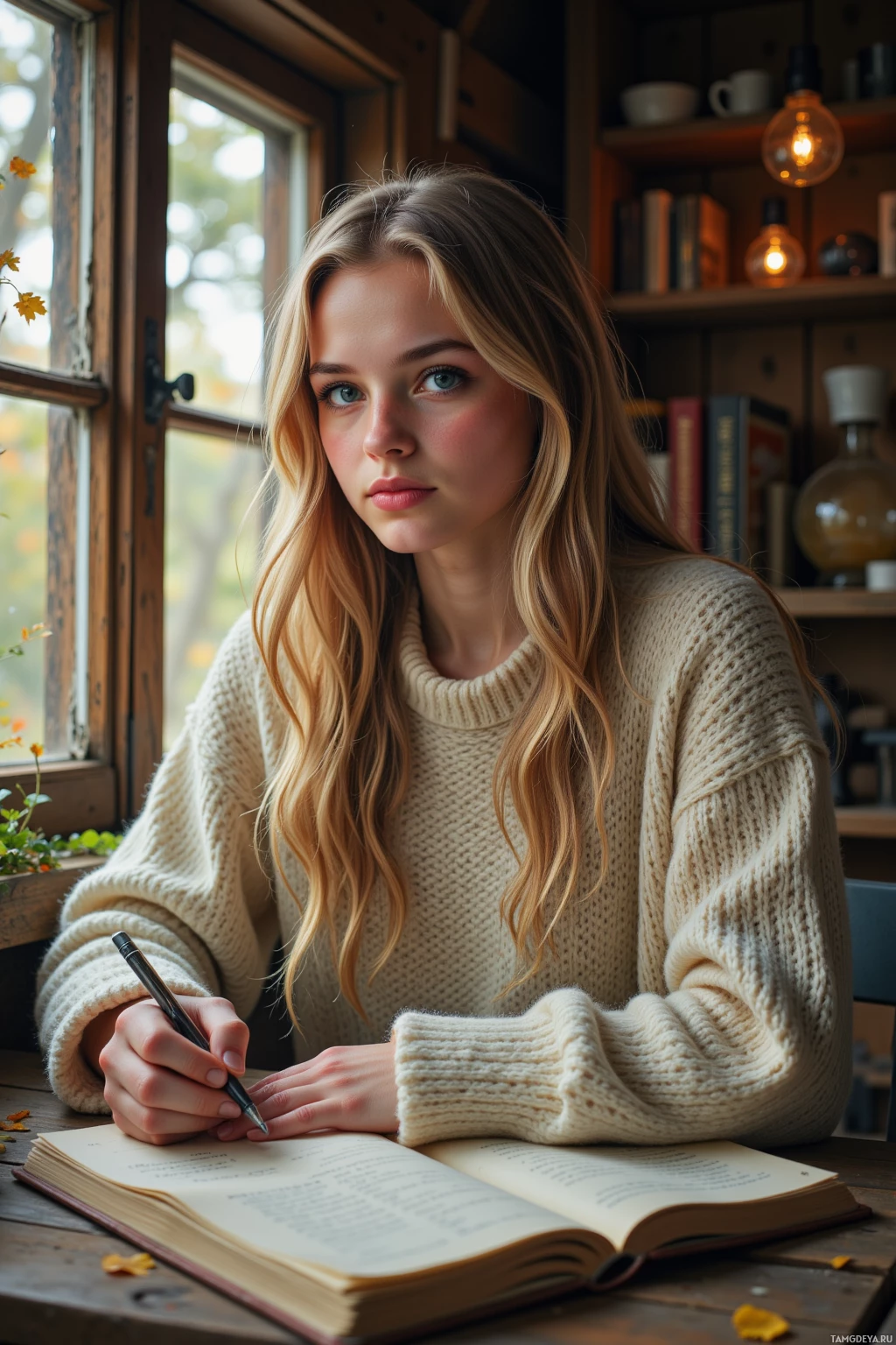 A person in a cozy sweater is writing in a notebook at a wooden table.