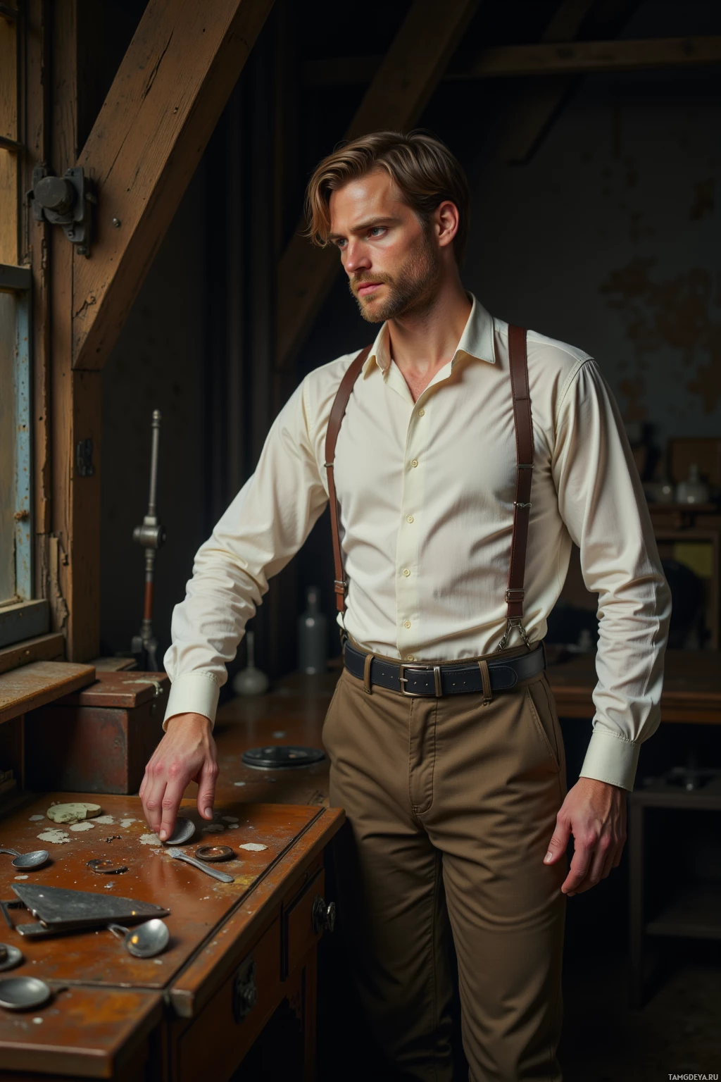 A man in a white shirt and suspenders stands in a rustic workshop.