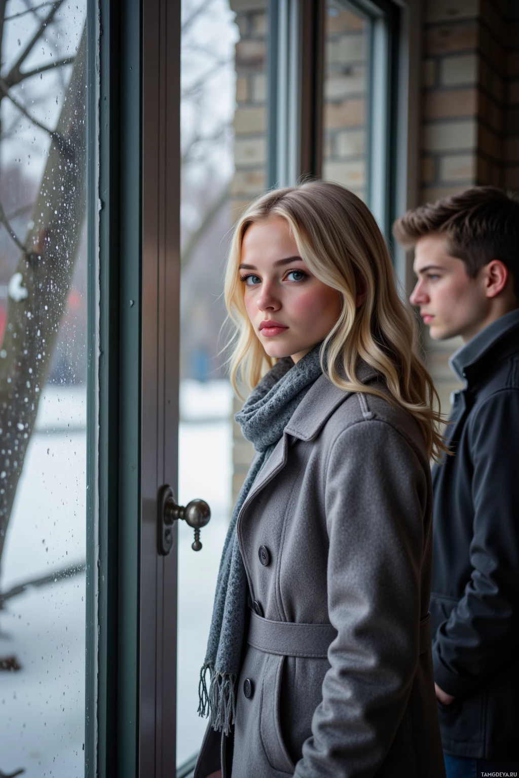 A young woman in a gray coat stands by a window with raindrops, looking out.