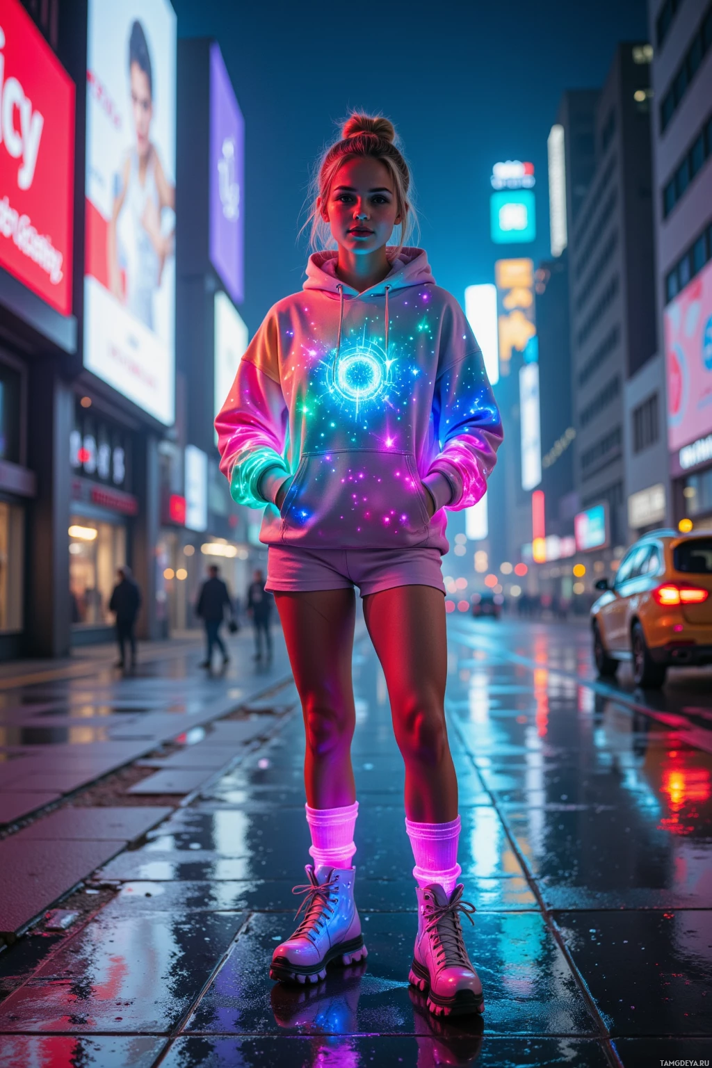 A person stands on a wet city street at night, wearing a colorful hoodie and roller skates, with neon lights reflecting on the pavement.