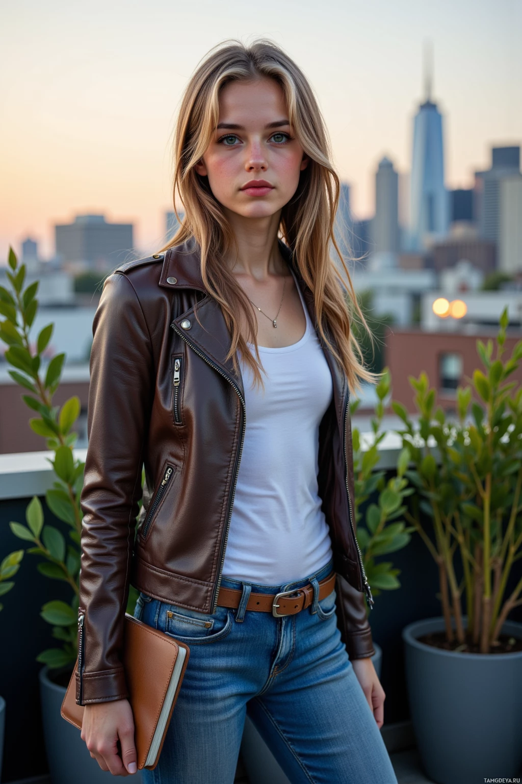 A woman in a brown leather jacket and jeans stands on a rooftop with a city skyline in the background.