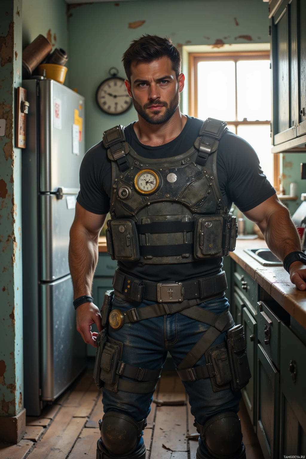 A man in a rugged, utilitarian outfit stands in a rustic kitchen.