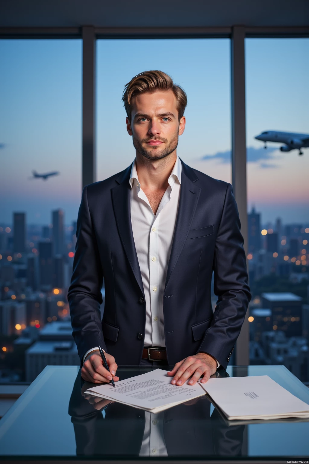 A man in a suit stands at a desk, holding a pen and document, with a cityscape and airplane in the background.