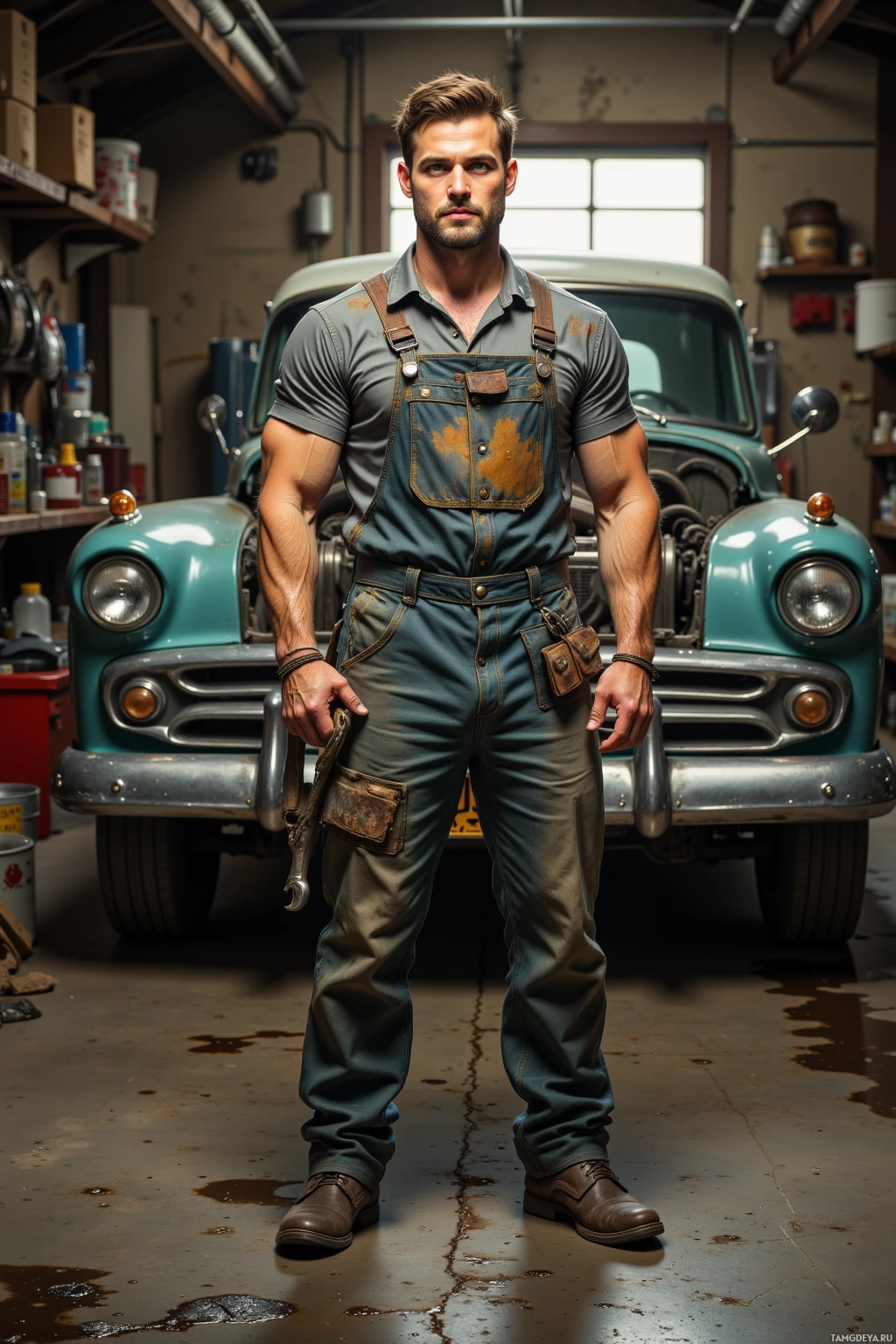 A muscular man in overalls stands in a garage, holding a wrench, with a vintage car in the background.