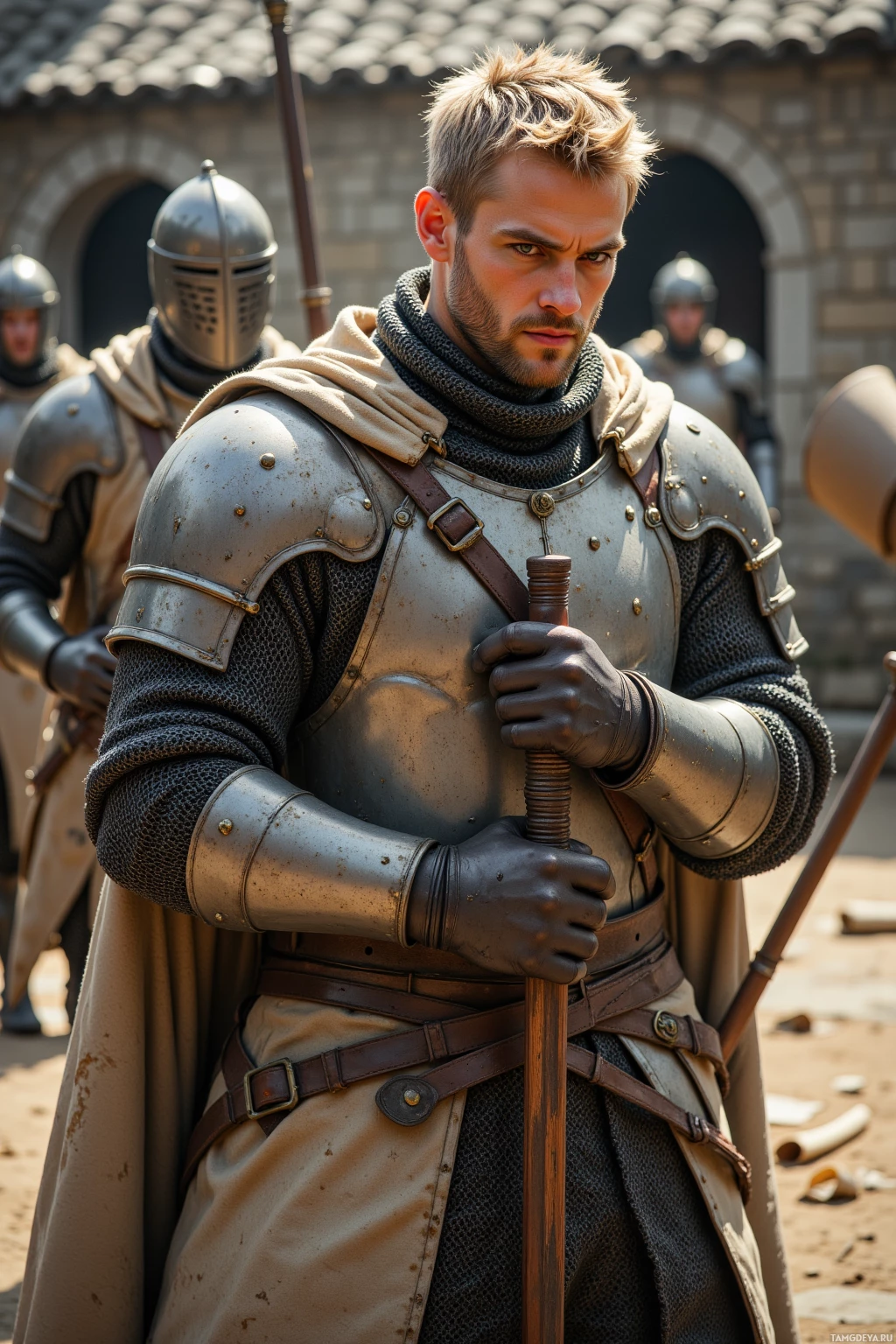 A knight in armor stands with a determined expression, holding a staff.