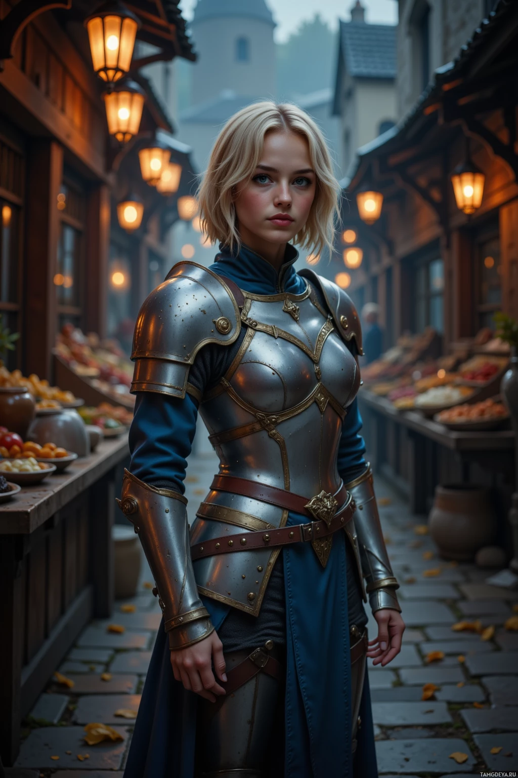 A woman in medieval armor stands in a cobblestone alleyway with market stalls and lanterns.