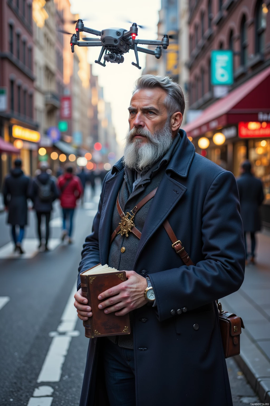 A man in a dark coat stands on a city street, holding a book and wearing a watch, with a drone hovering above him.