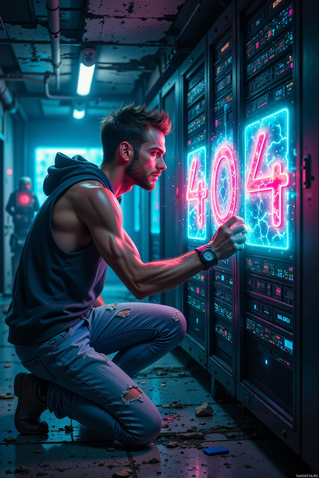 A man in a sleeveless hoodie and jeans kneels in a dimly lit, neon-lit server room, interacting with a glowing "404" sign.