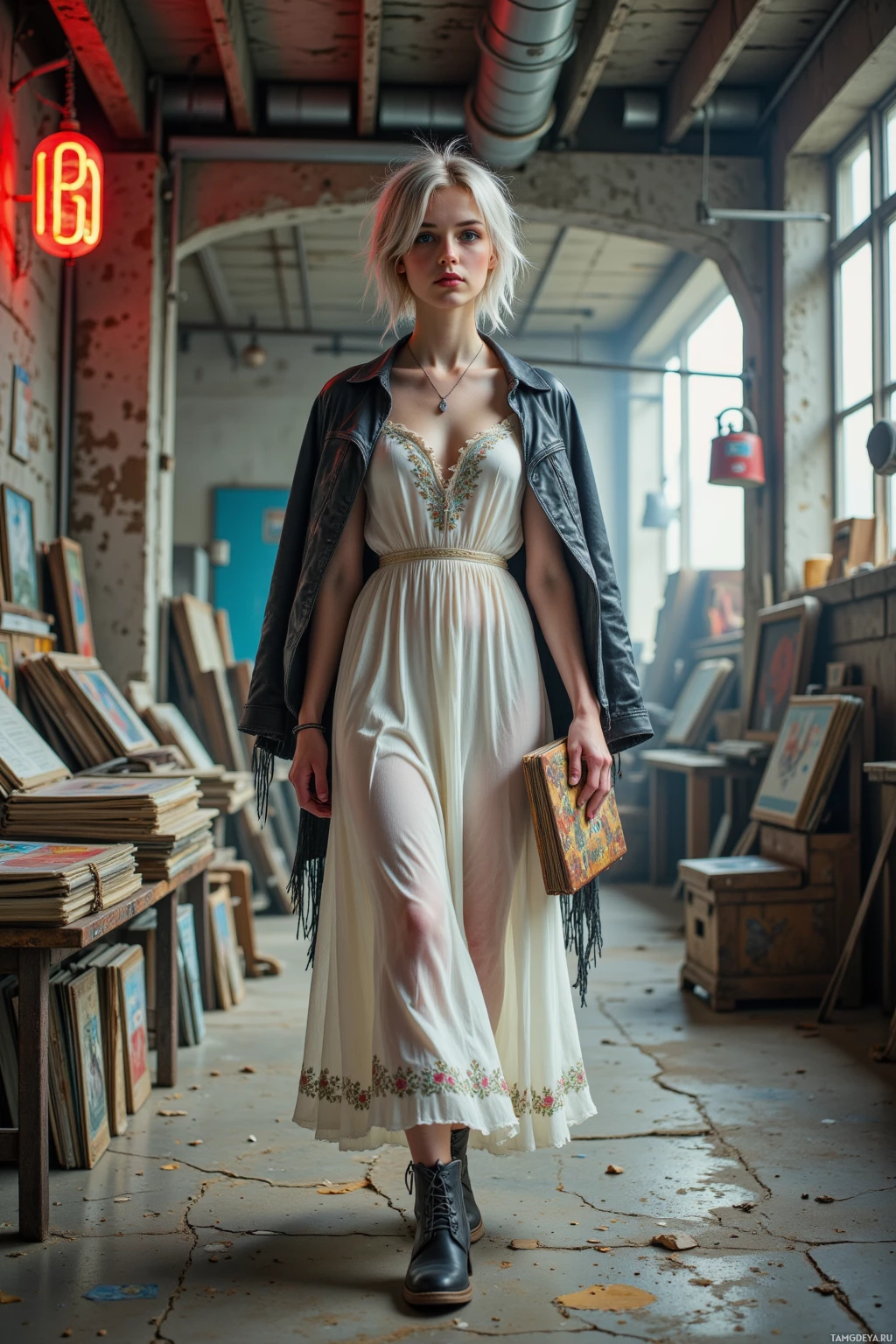 A woman stands in a rustic, book-filled room, wearing a white dress with floral embroidery and a black jacket.