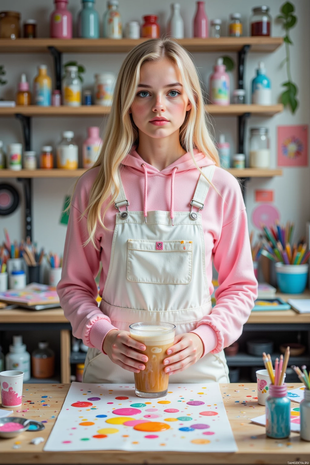 A person in a pink hoodie and apron holds a glass of a drink in a creative workspace.