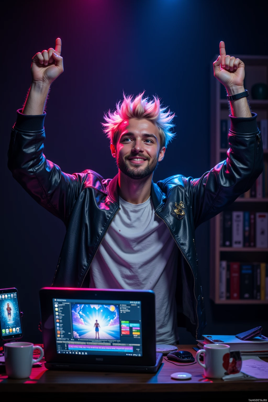 A person in a leather jacket raises their hands in excitement, standing in front of a desk with a laptop and a phone displaying a bright image.