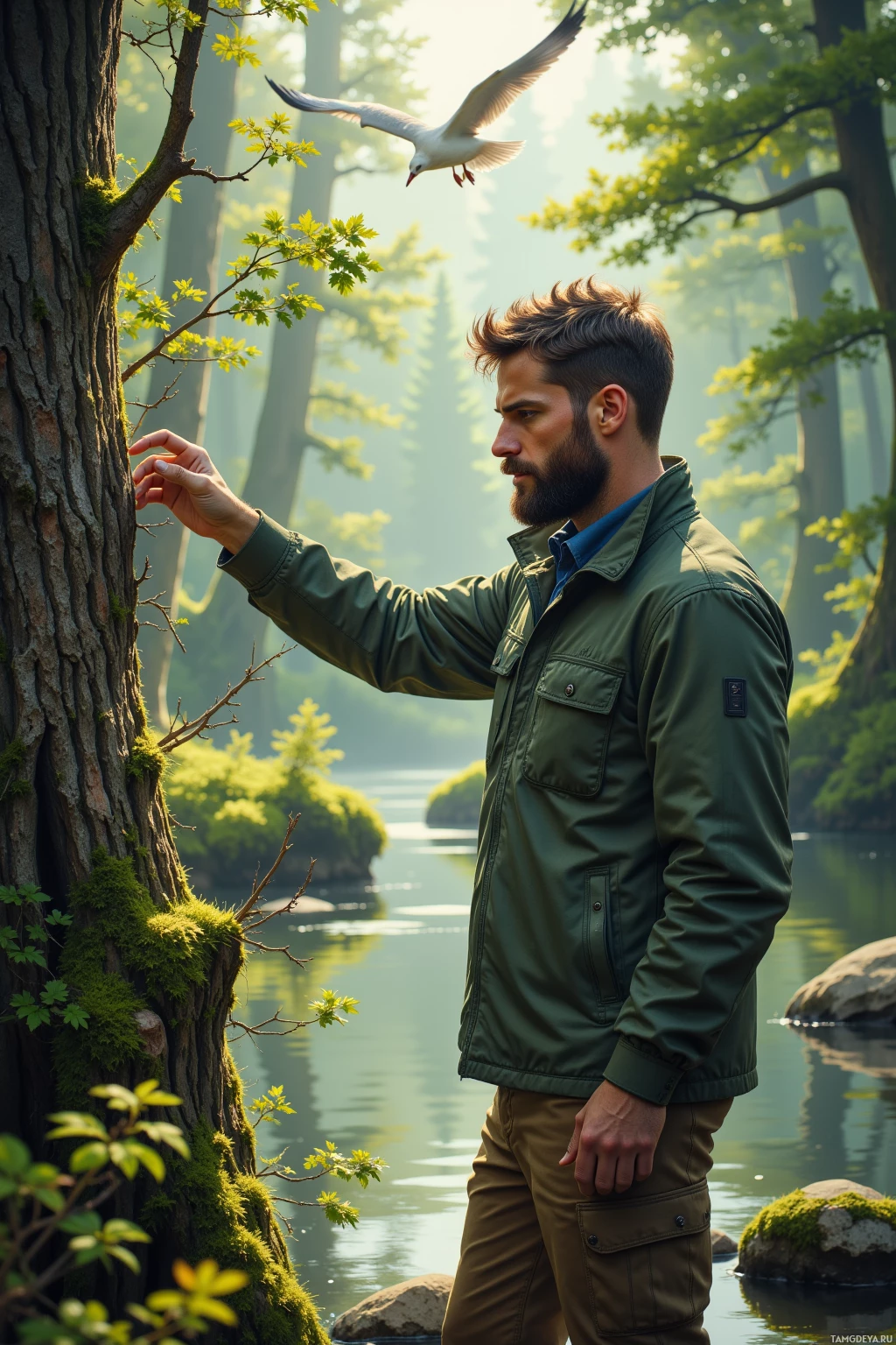 A man in a green jacket stands by a tree near a serene lake, with a bird flying above.
