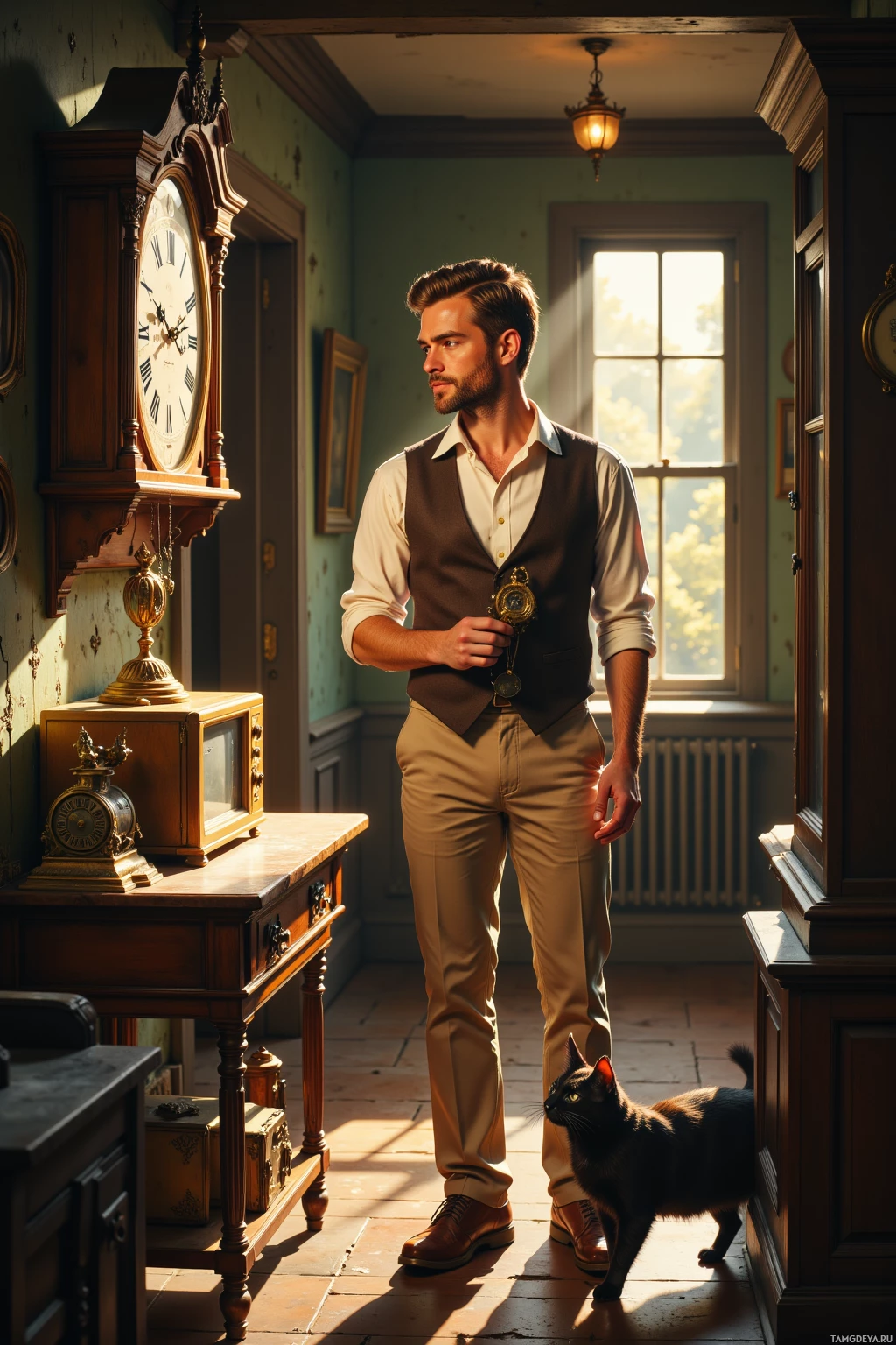 A man in formal attire stands in a sunlit room with a cat nearby.