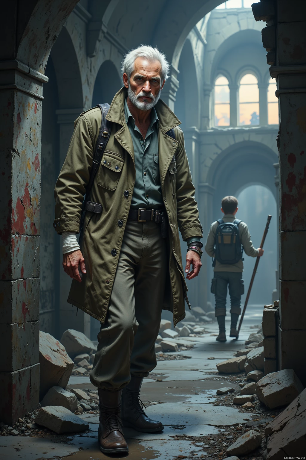 An older man in a military-style coat and boots stands in a dilapidated corridor with a young boy carrying a stick and backpack in the background.