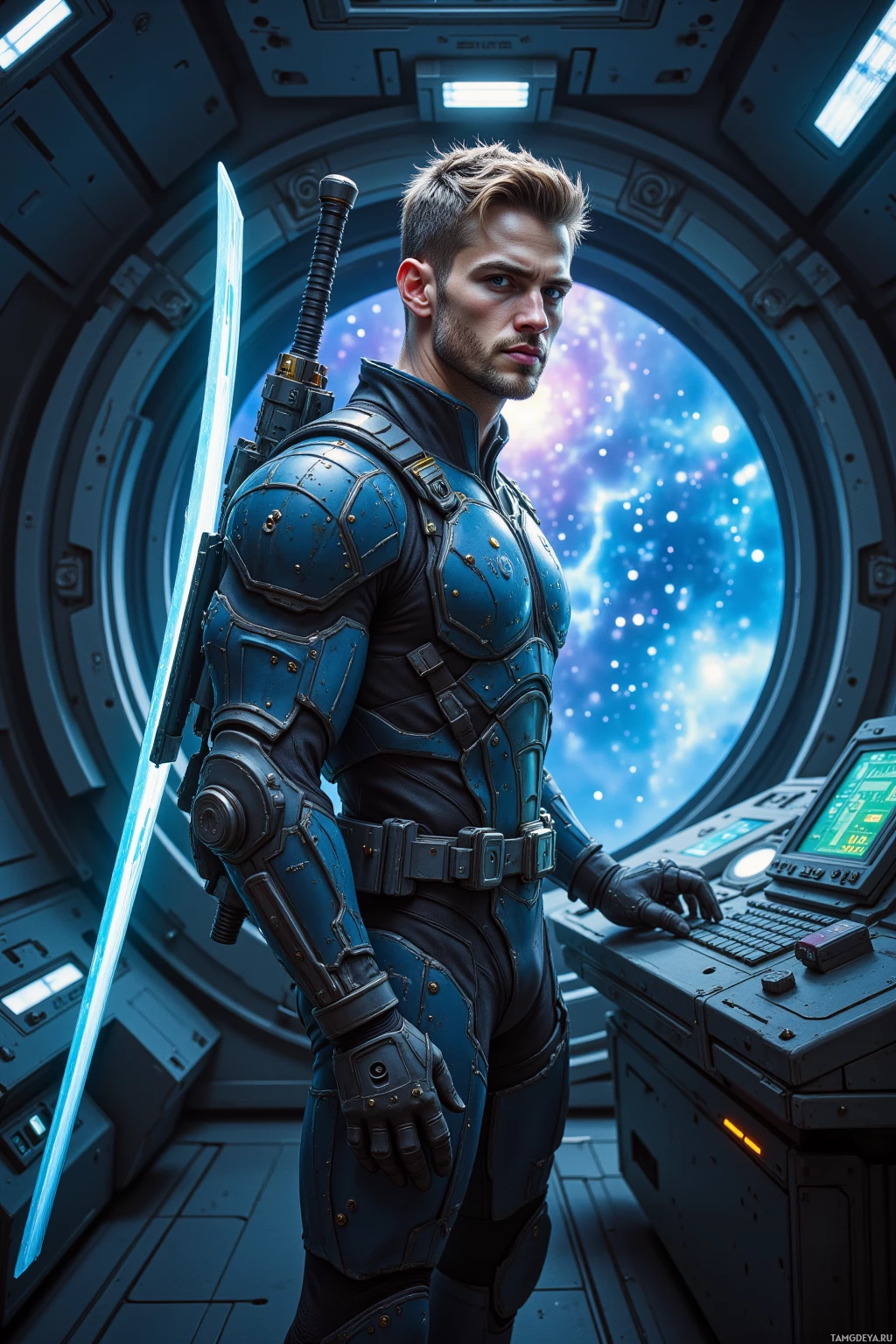 A futuristic soldier in blue armor stands in a spaceship, holding a glowing sword.