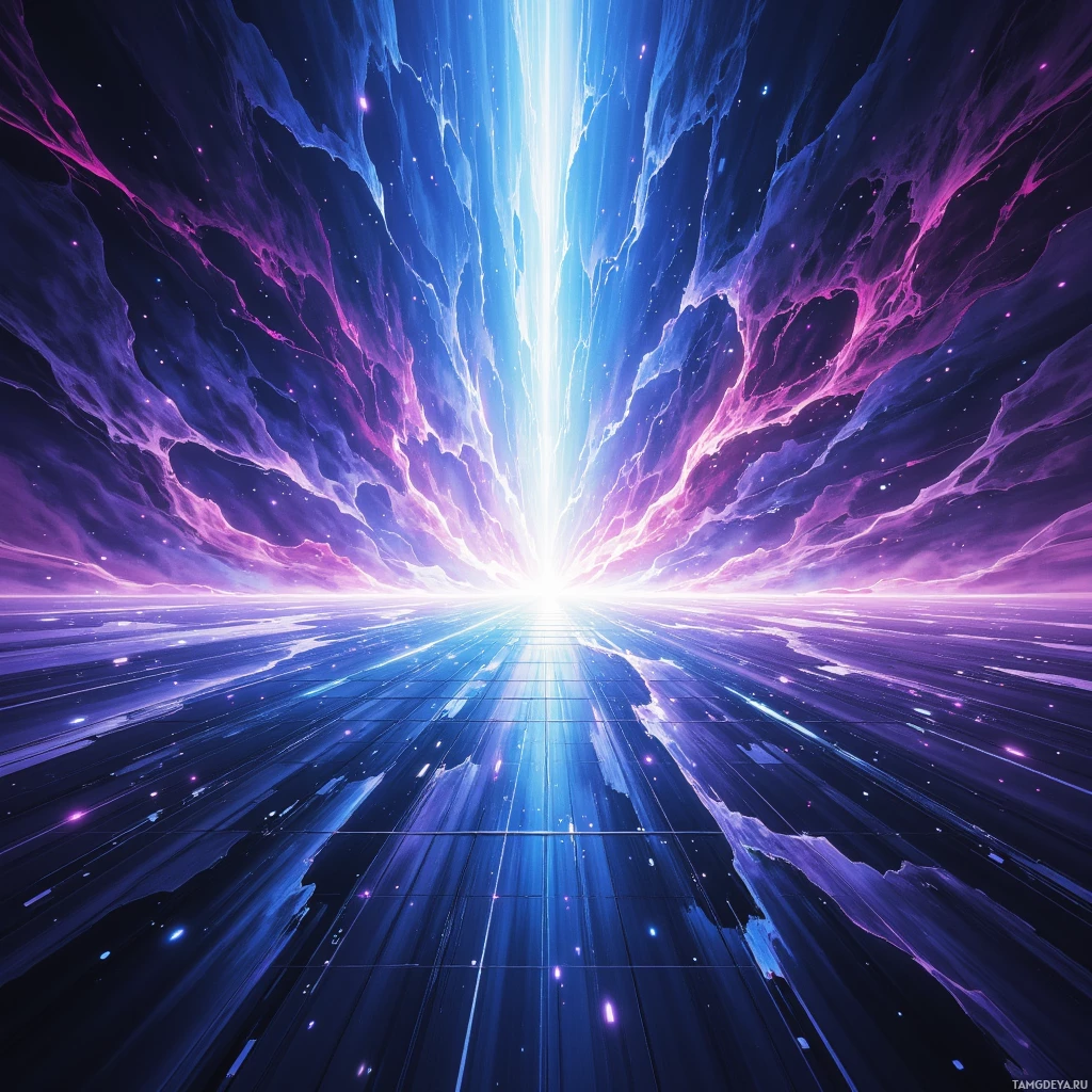 A vibrant cosmic scene with a bright light source at the center, surrounded by swirling nebulae and stars.