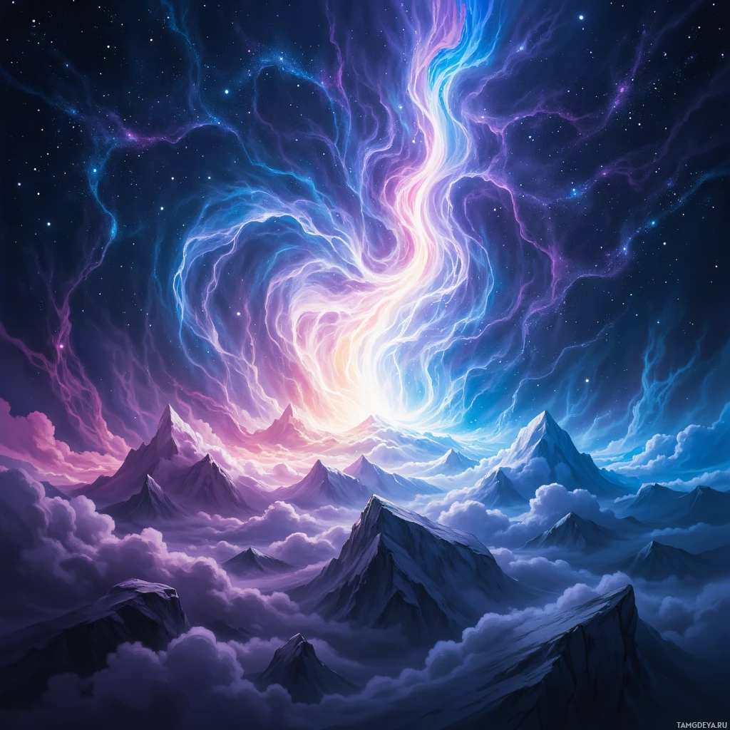 A vibrant, cosmic scene featuring a swirling nebula above a mountainous landscape with clouds.