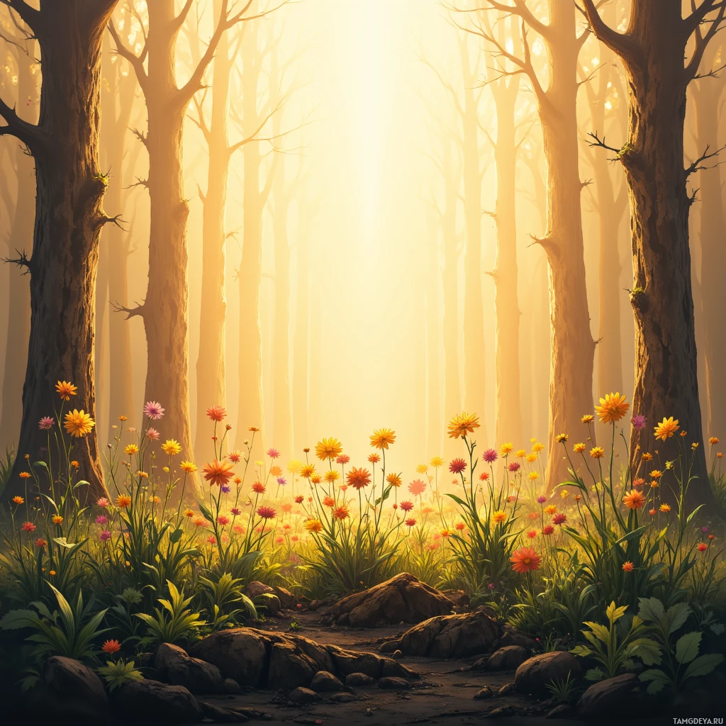 A serene forest scene with tall trees, vibrant flowers, and warm sunlight filtering through the mist.