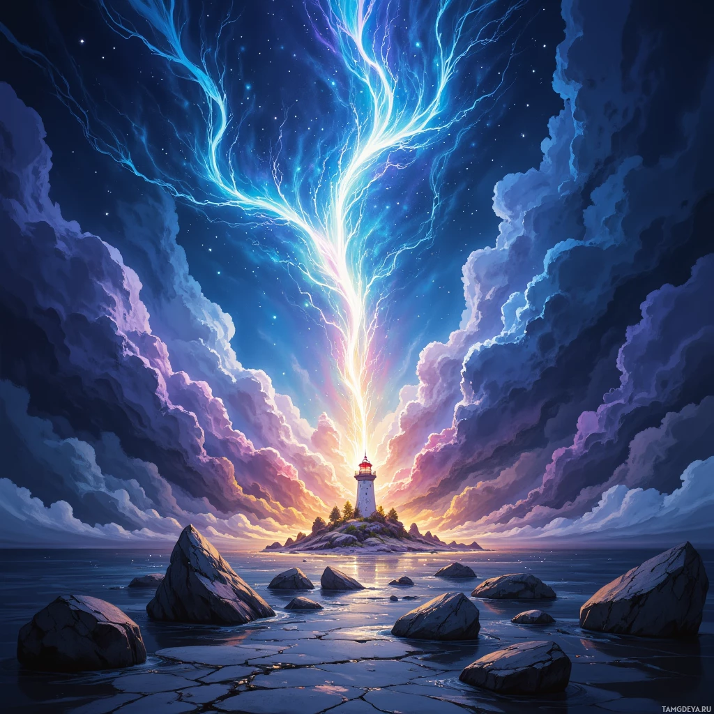A serene coastal scene with a lighthouse on a rocky island under a vibrant sky filled with dramatic clouds and a glowing light beam.