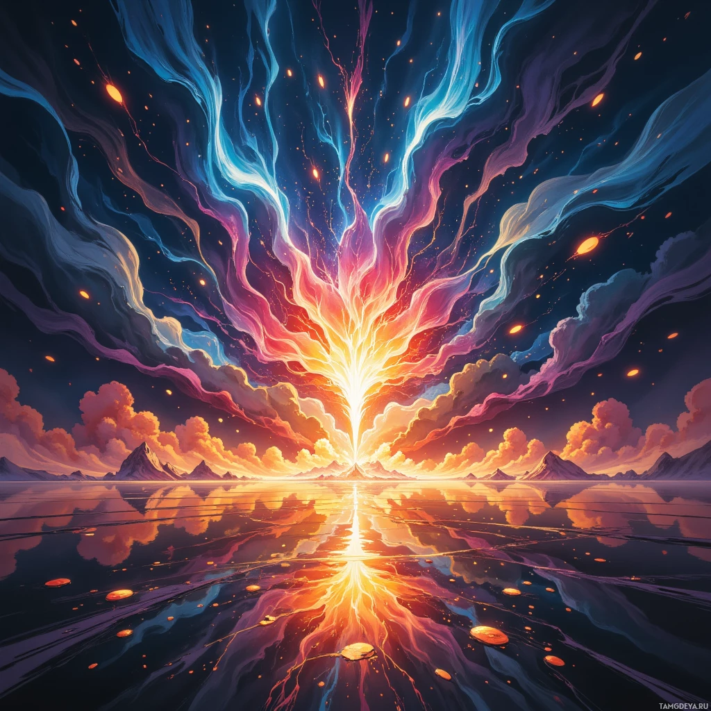 A vibrant, cosmic scene with a radiant burst of light and colorful streaks in the sky, reflected on a calm body of water.