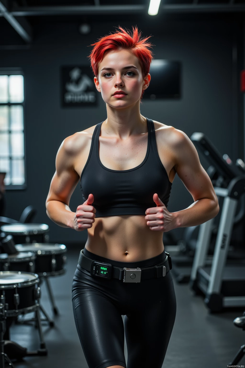 A woman with red hair in a gym, wearing a black sports bra and leggings, giving a thumbs-up.