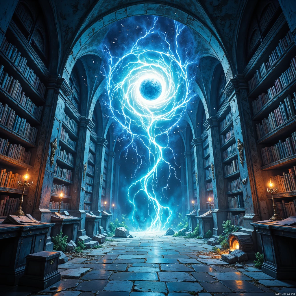 A grand library with bookshelves and a glowing, cosmic portal at the end of the aisle.