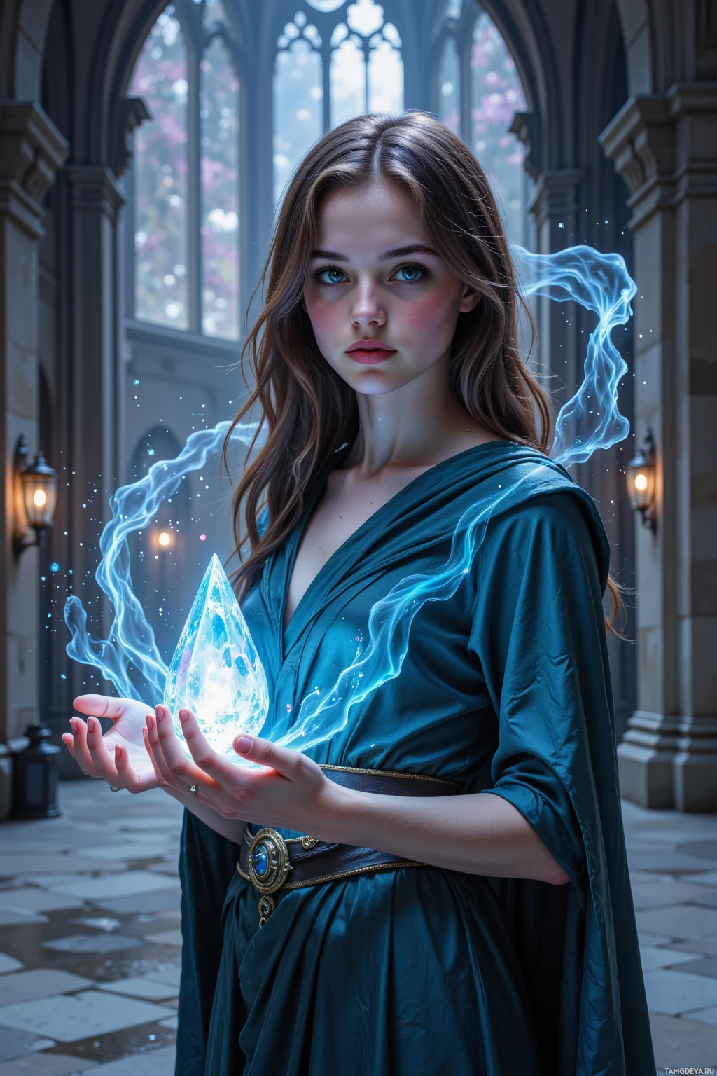 A woman in a teal robe holds a glowing crystal with a blue energy aura.