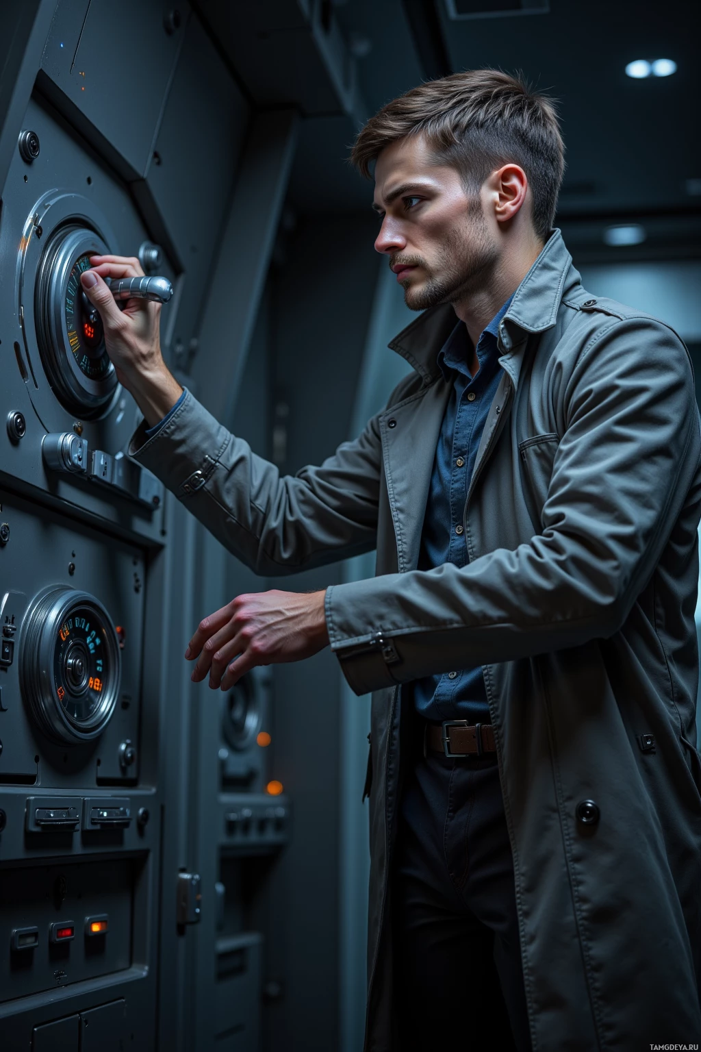 A man in a trench coat interacts with a control panel in a dimly lit environment.