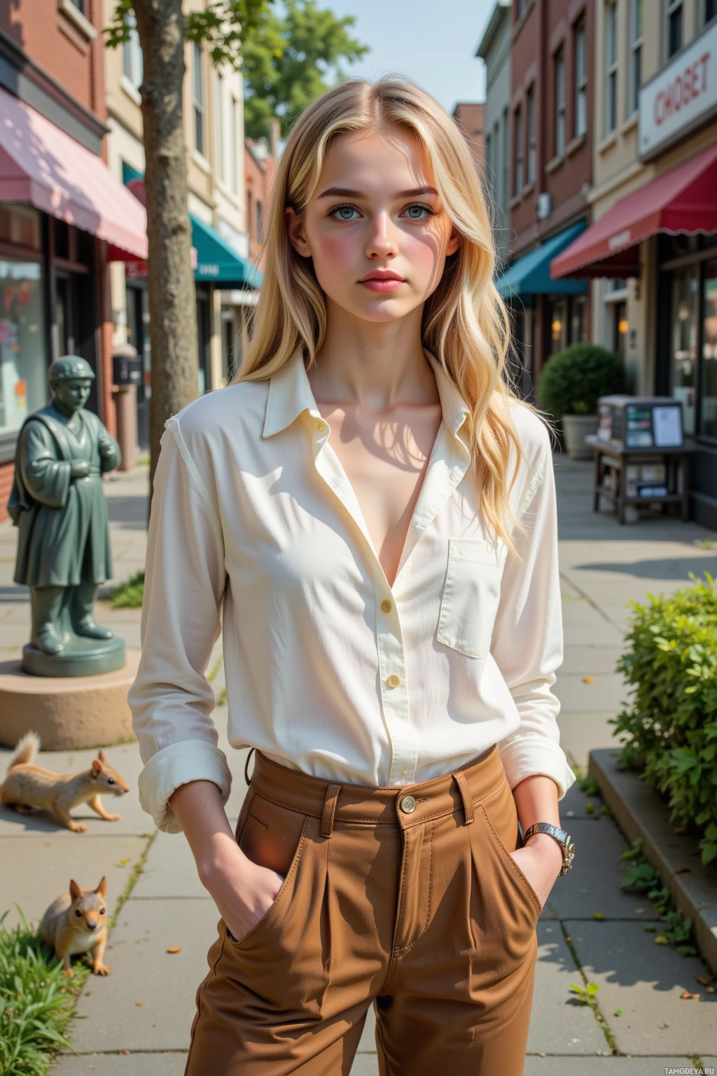A person stands on a sidewalk in an urban setting, wearing a white blouse and brown pants.
