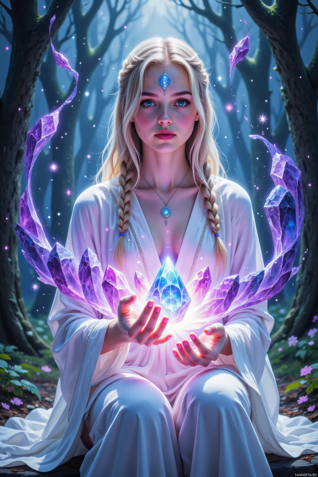 A woman in a white robe sits in a forest, surrounded by glowing purple crystals and stars.