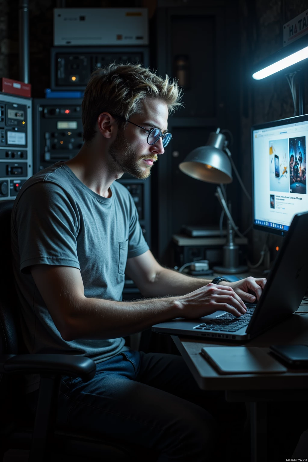 A man wearing glasses works on a laptop in a dimly lit room with a desk lamp.