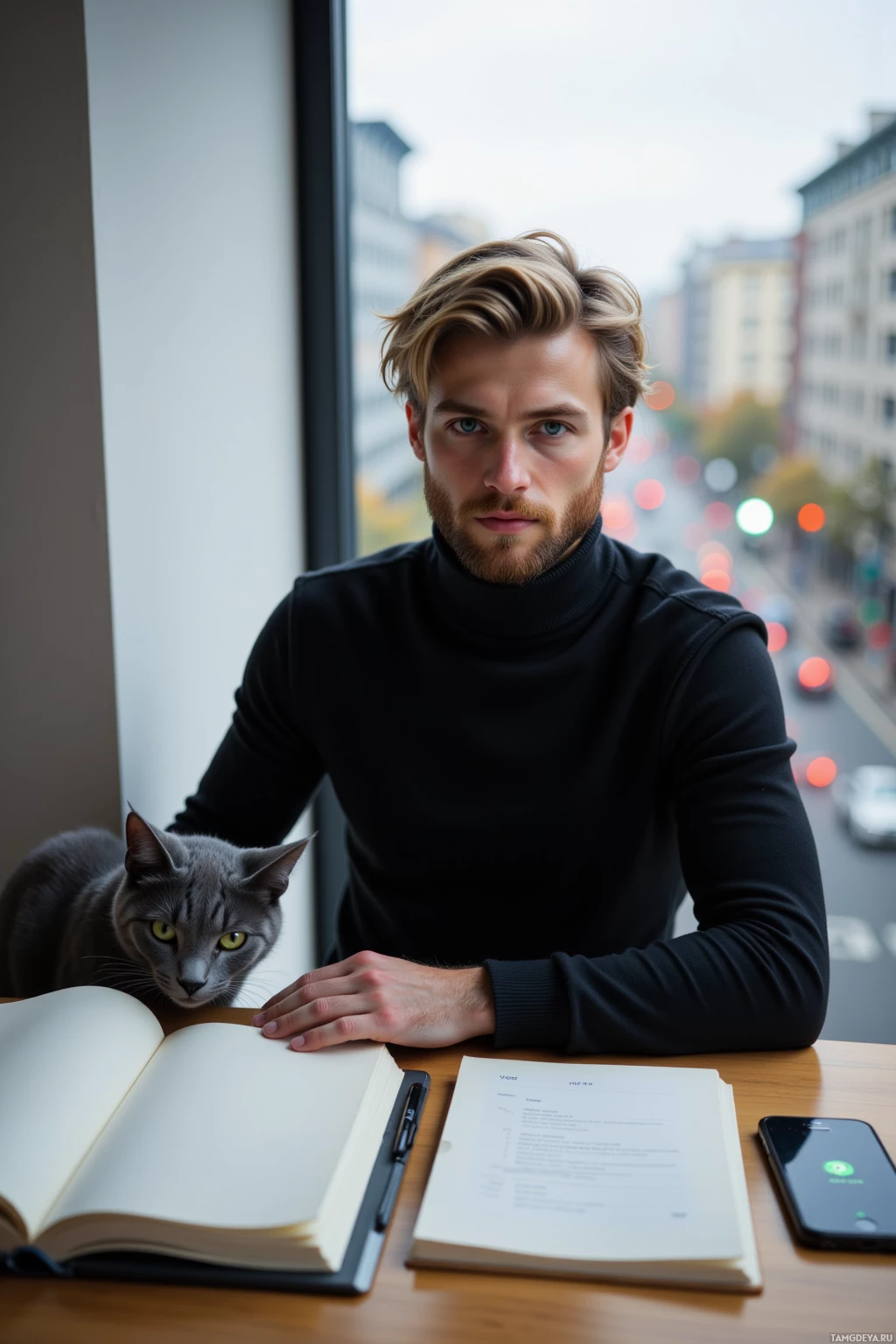 A man sits at a desk with an open book, a cat beside him, and a cityscape visible through the window.