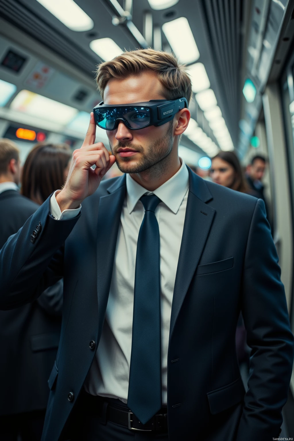 A man in a suit and tie adjusts his futuristic glasses on a subway train.