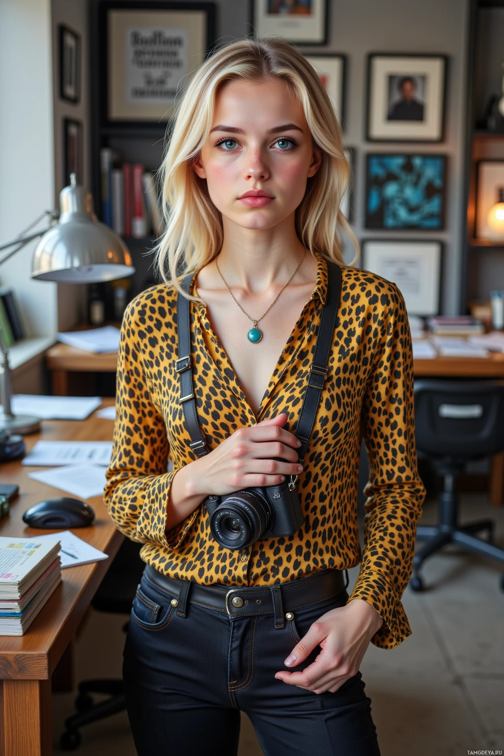 A person in a leopard print blouse and jeans stands in an office setting, holding a camera.