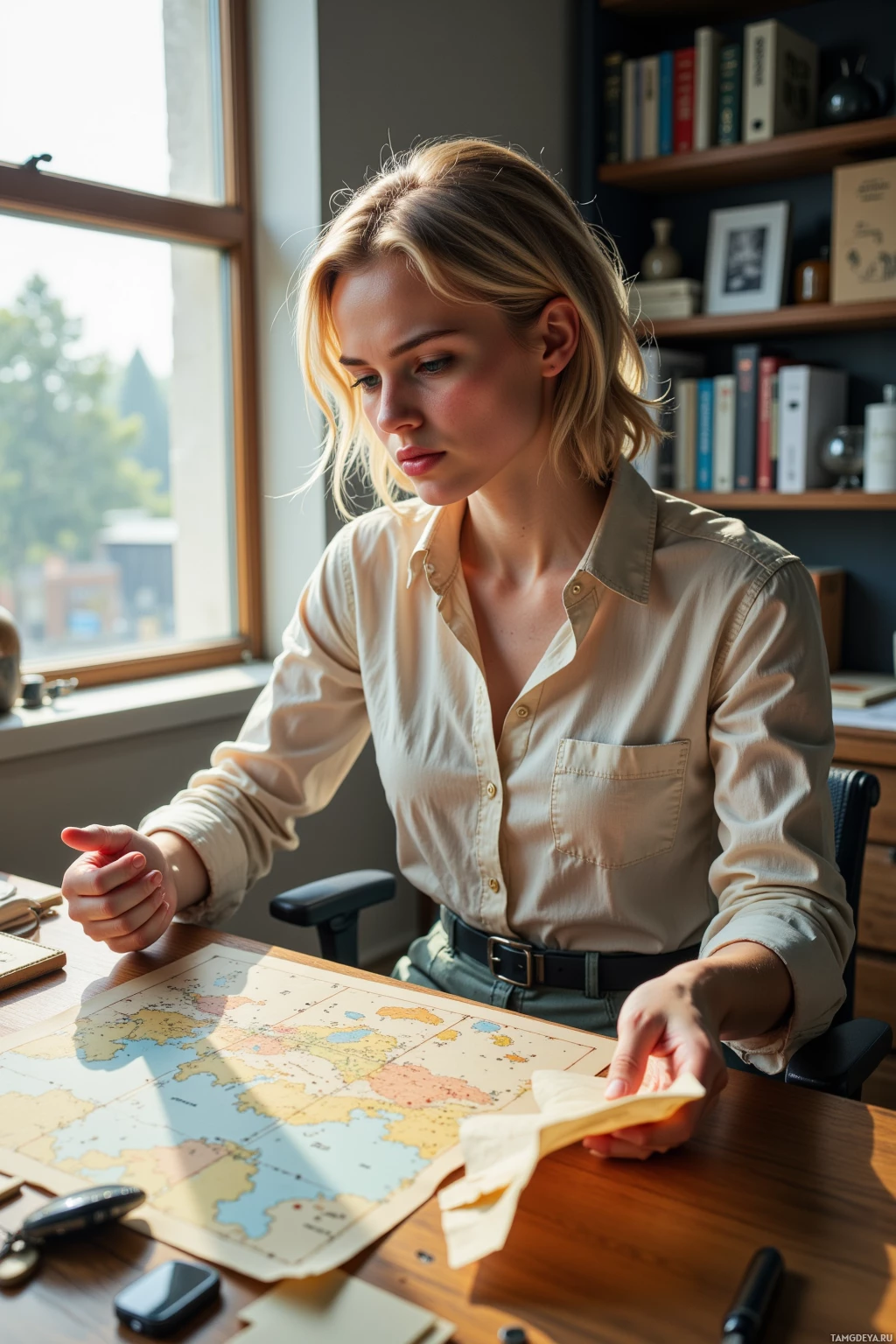 A woman sits at a desk, examining a map with a thoughtful expression.