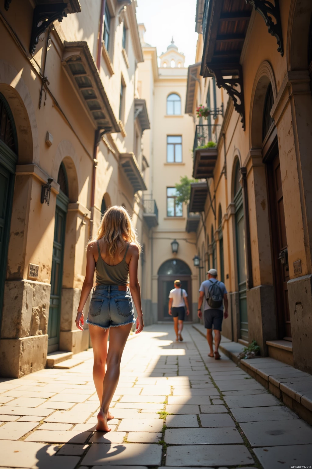 A woman walks barefoot down a sunlit alleyway between old buildings.