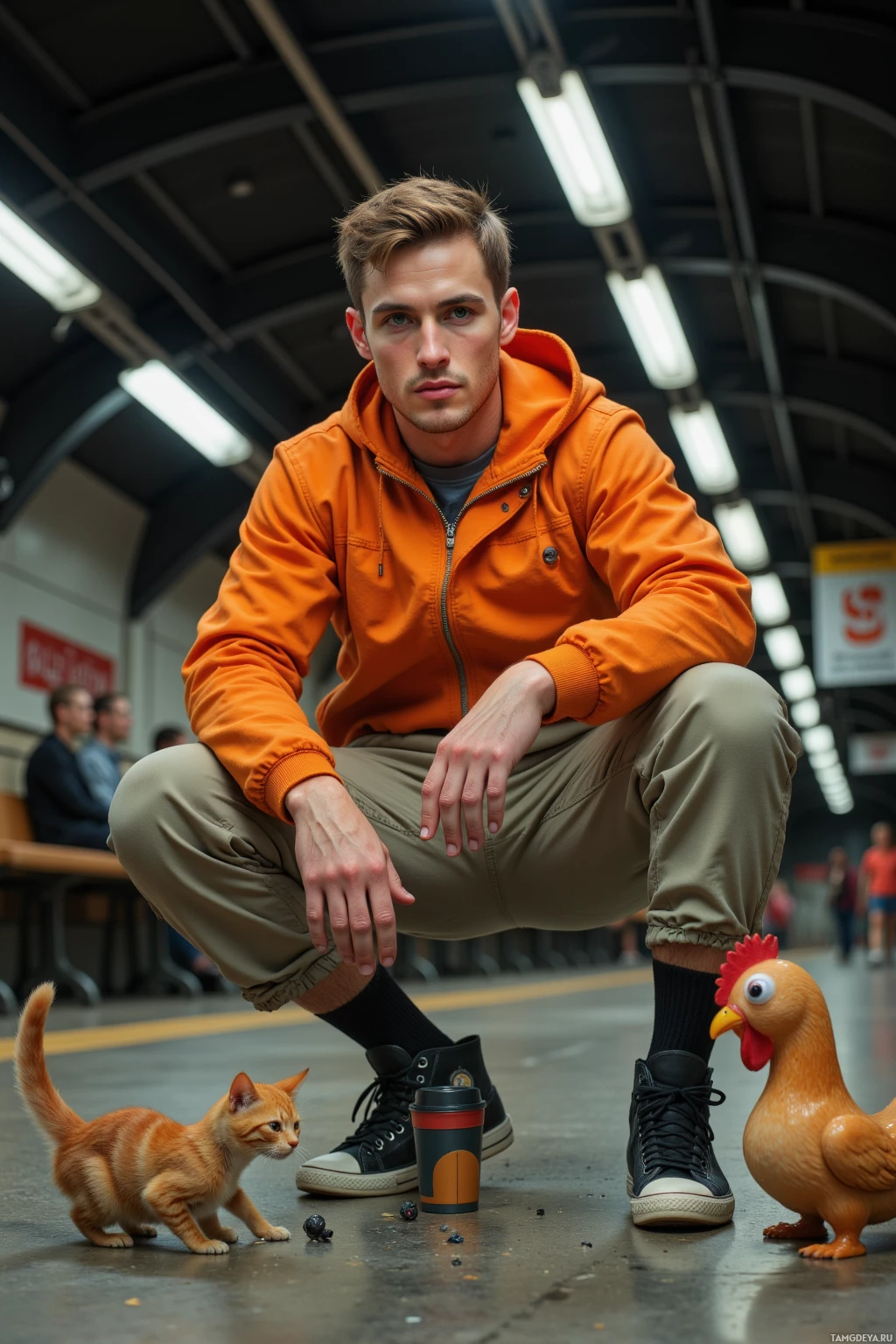 Realistic high quality photo. A 22‑year‑old light brown‑haired man with green eyes crouches on a boom mic inside a subway tunnel, wearing a bright orange windbreaker, loose cargo pants and high‑top sneakers, holding a broken coffee mug as a mic, with a stray cat dancing beside a rubber chicken prop and no chairs in sight.