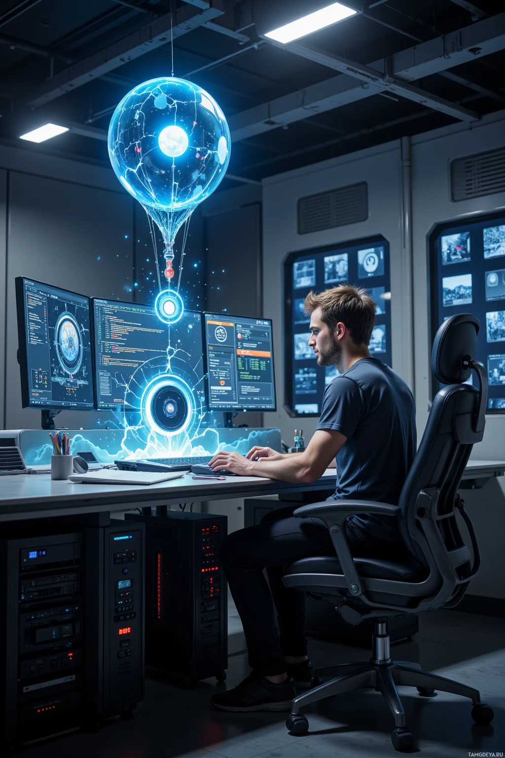 Realistic high quality photo. A 34‑year‑old man with light brown spiky hair, blue eyes, pale skin, wearing a grey t‑shirt and fitted black techwear pants, sits at a high‑tech console in a dimly lit server bay, typing code while a floating balloon‑shaped access portal hovers above the screen, surrounded by holographic firewall displays and VR security panels, at night.