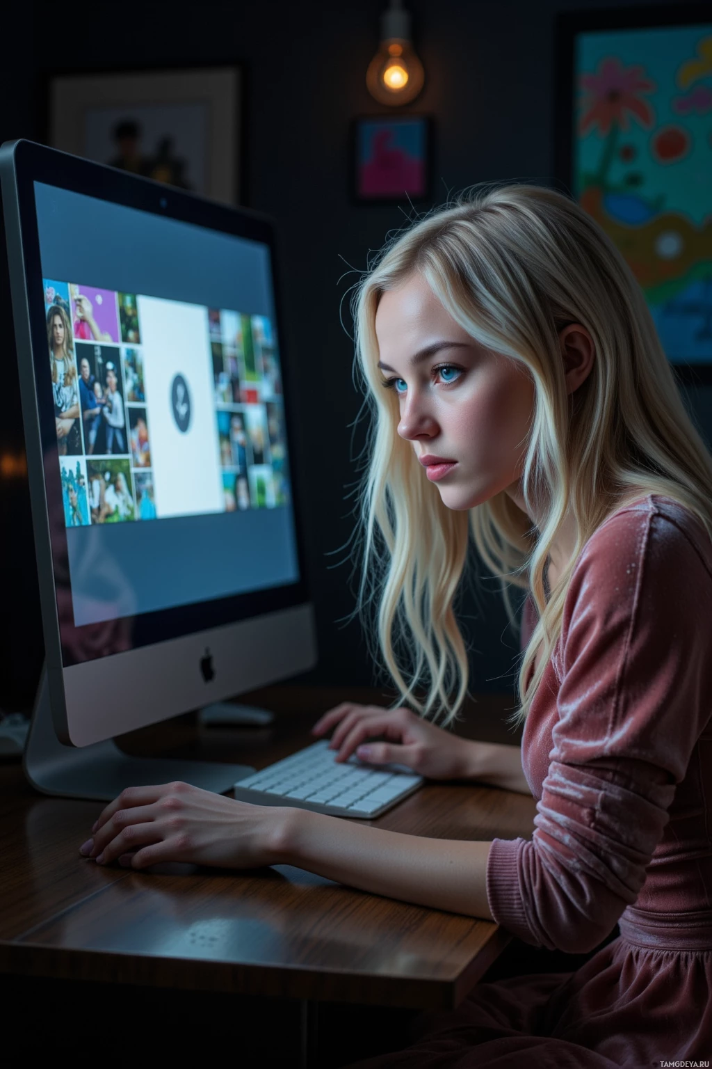 Realistic high quality photo. Pale‑skinned woman, 29, with long icy blonde hair and blue‑green eyes, wearing a soft velvet dress and vintage accessories, sits in a dimly lit studio at night, tracing the curve of a velvet cushion while a computer screen emits a soft glow showing a pixelated collage, her hand hovering over a glitch, her expression focused and determined.