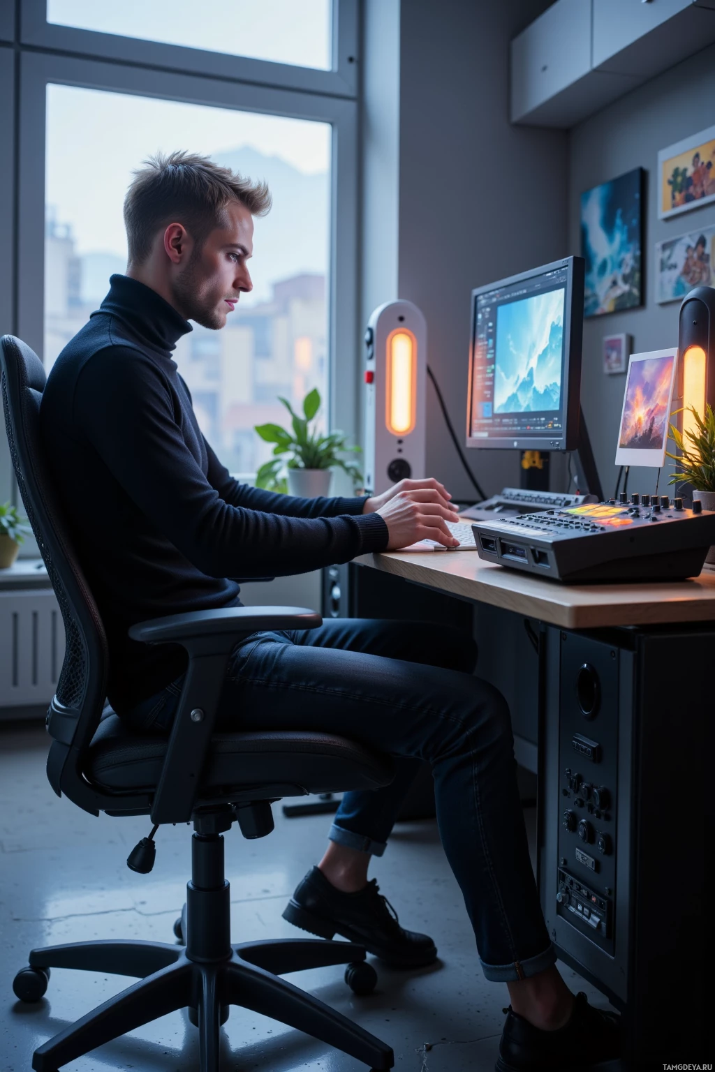 Realistic high quality photo. male, 34, ash‑blond close haircut, piercing blue eyes, pale white skin, angular face, wearing sleek black turtleneck sweater and dark jeans, seated at a minimalist sci‑fi workstation in evening light, refining a pixel gradient on a holographic screen, an old 80s Polaroid of a synthesizer beside the desk, a prototype lighting engine glowing softly behind him.