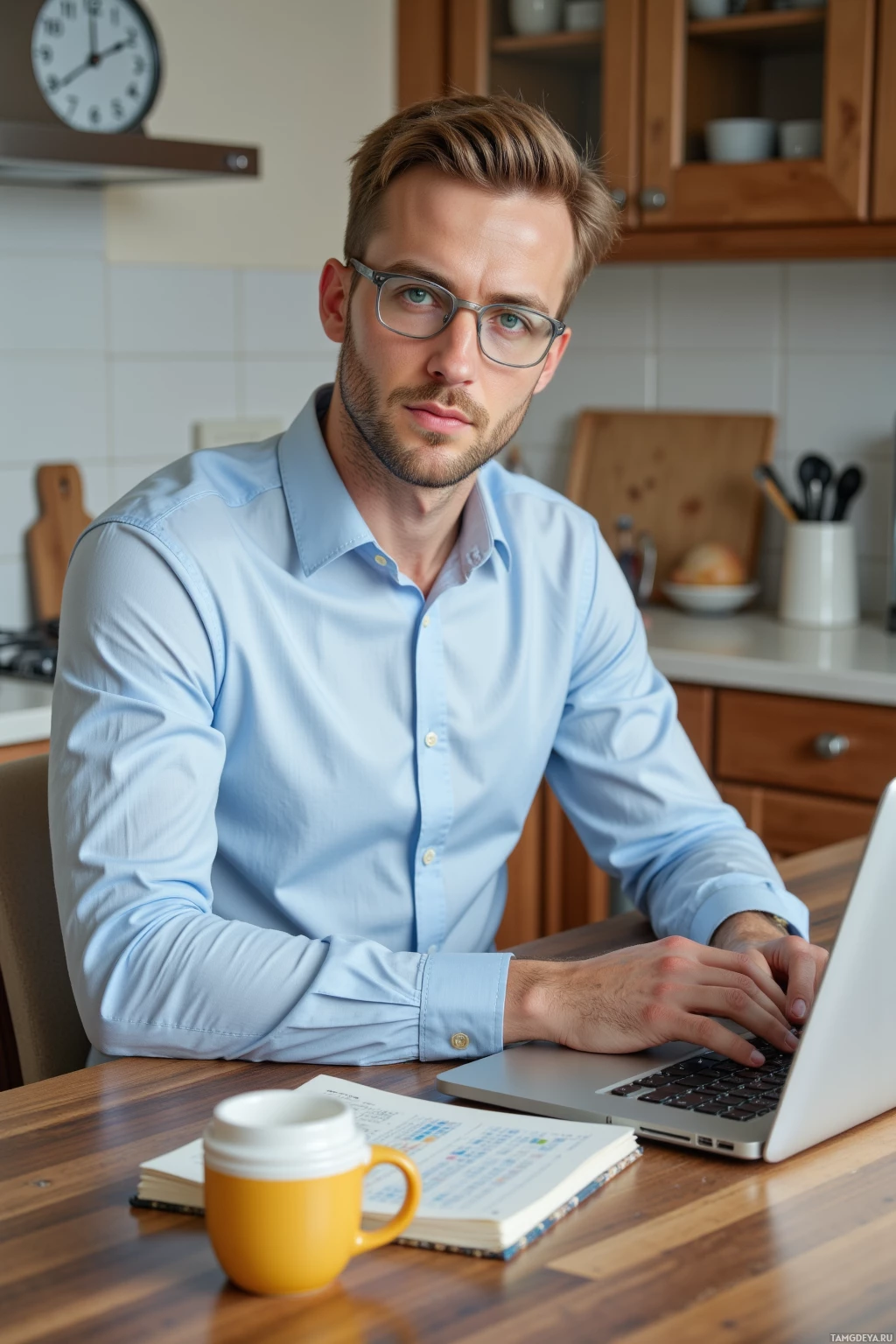 Realistic high quality photo. A 28‑year‑old man with tidy blonde hair, blue eyes, silver‑rimmed glasses, pale blue shirt and beige trousers sits at a kitchen counter with a laptop open to a spreadsheet, a cereal box on one side, a coffee mug on the other, and a notebook open beside the laptop, attentively typing while a kitchen clock ticks.