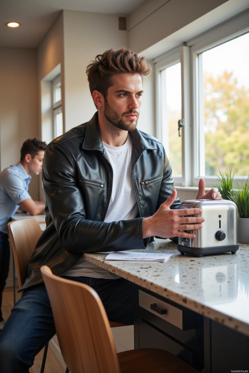 Realistic high quality photo. Tall 36‑year‑old male with dark brown hair and blonde highlights, wearing a casual leather jacket over a white shirt and dark jeans, sits at a modern kitchen counter in morning light, debating with a toaster while a student watches an Excel spreadsheet on a laptop.