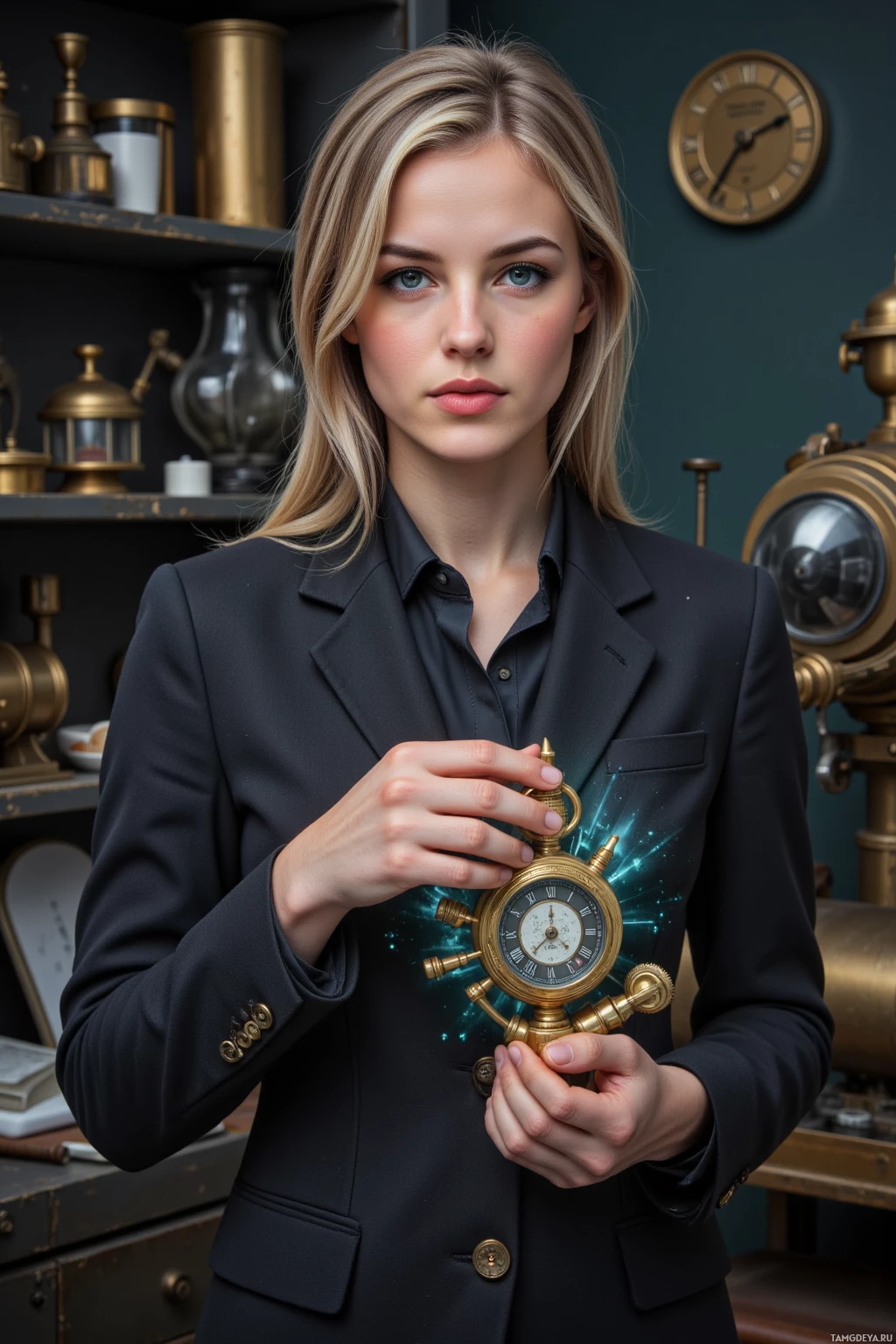 Realistic high quality photo. female, 40, silver-streaked light brown hair, violet eyes, wearing a fitted steampunk-style blazer, recalibrating a brass chronograph against a flickering holographic display in a dimly lit studio filled with shadowed corners, stacks of vintage film reels, polished brass gears, and muted machinery.