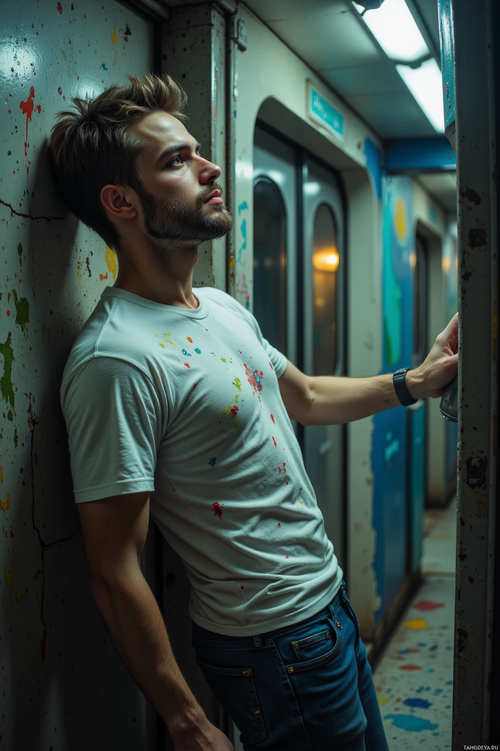 Realistic high quality photo. A 27‑year‑old man with tousled light brown hair, trimmed beard, green eyes, wearing a paint‑splattered white t‑shirt, blue jeans, and white sneakers, standing straight on a cracked subway platform at 2 a.m., looking into the reflective glass of a subway door with a spray paint can in hand, arms slightly raised, eyes narrowed, dim fluorescent lighting illuminating damp concrete walls.