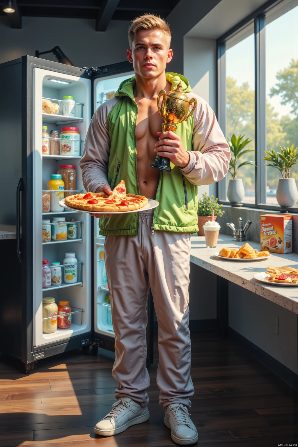 Realistic high quality photo. A 24‑year‑old man with short blonde hair and blue eyes, wearing a bright windbreaker, loose athletic pants and white sneakers, standing in a modern gym holding a trophy‑like bottle of water, a pizza slice on a plate, with a fridge open beside him displaying a protein shake, a cereal box on a nearby counter, and a Wi‑Fi router visible in a lively afternoon scene.