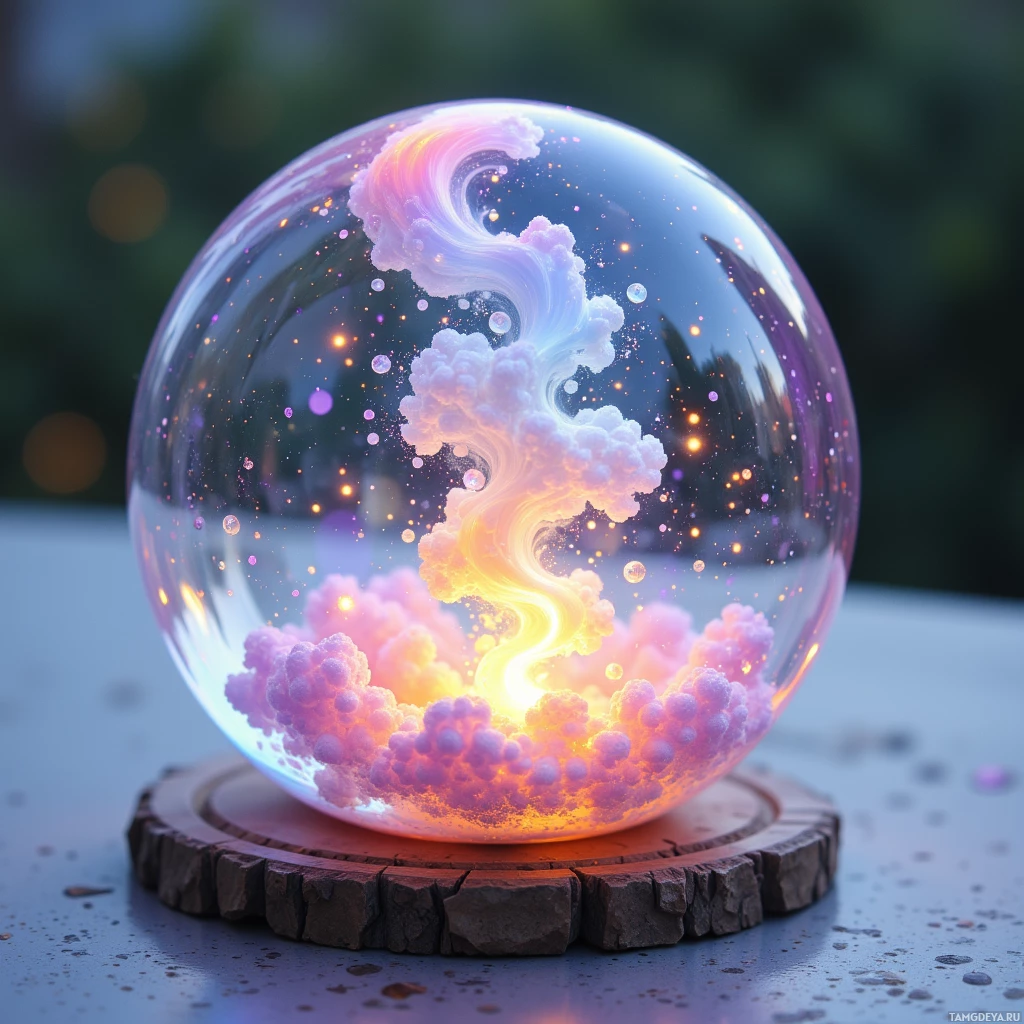 Semi-abstract image with many light, that is suitable for the post:  tiny translucent glass orb, hand‑blown with a pastel gradient, featuring a miniature solar panel, swirling iridescent tea‑bubble cloud inside, faint gentle glow, glass surface with subtle shimmer and soft pastel hues.