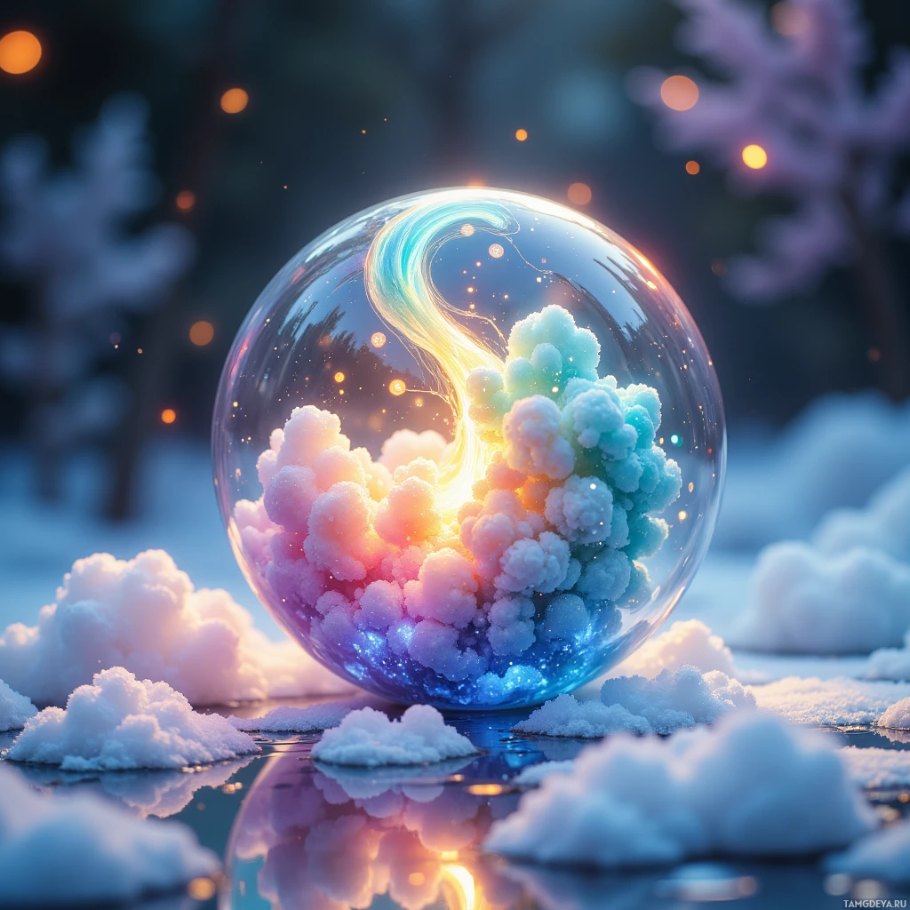 Semi-abstract image with many light, that is suitable for the post:  tiny translucent glass orb, hand‑blown with a pastel gradient, featuring a miniature solar panel, swirling iridescent tea‑bubble cloud inside, faint gentle glow, glass surface with subtle shimmer and soft pastel hues.